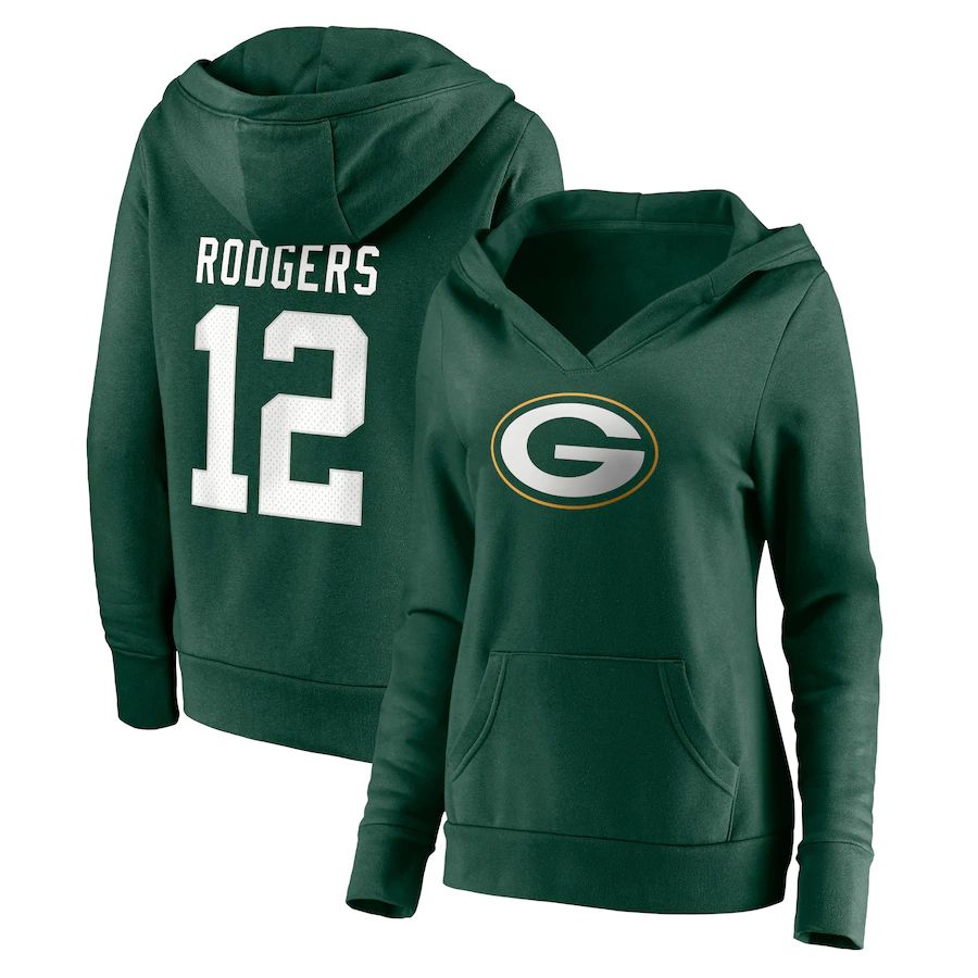 Women Green Bay Packers #12 Aaron Rodgers Fanatics Branded Green Player Icon Name & Number Pullover Hoodie